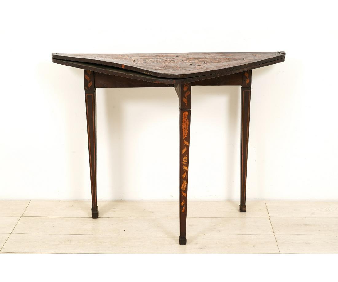 DUTCH HANDKERCHIEF TABLE: Dutch marquetry inlaid handkerchief table, 18th c. 30.75"h x 42.5"w x 21"d
