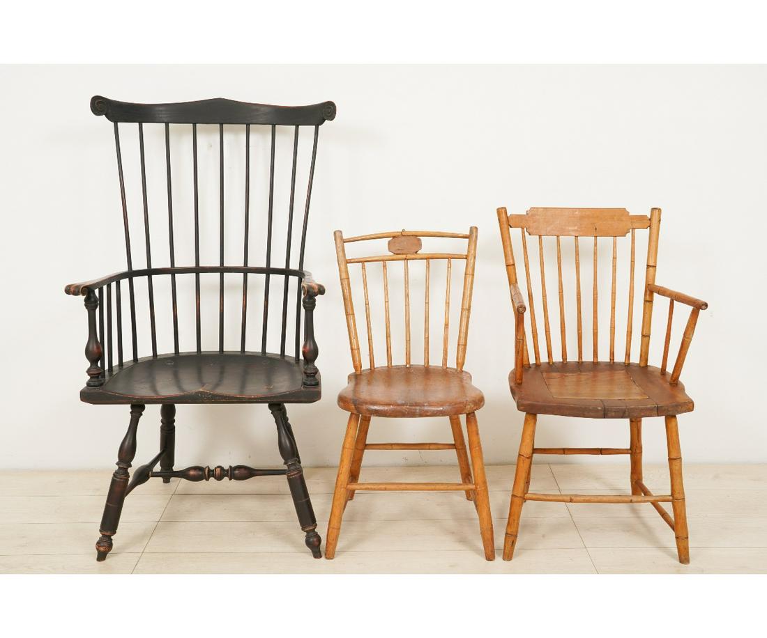 COMB BACK ARMCHAIR: Comb back Windsor style armchair, signed "H.W.S.1789"; together with two other Windsor chairs. Largest: 47"h x 25"w x 17"d / 18.5" SH