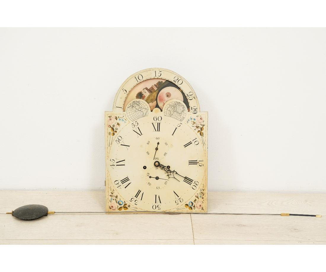 TALL CASE CLOCK MOVEMENT: Tall case clock 8-day movement with moon dial, calendar, Roman numerals and second hand dials. 20"h x 14.25"w x 6"d