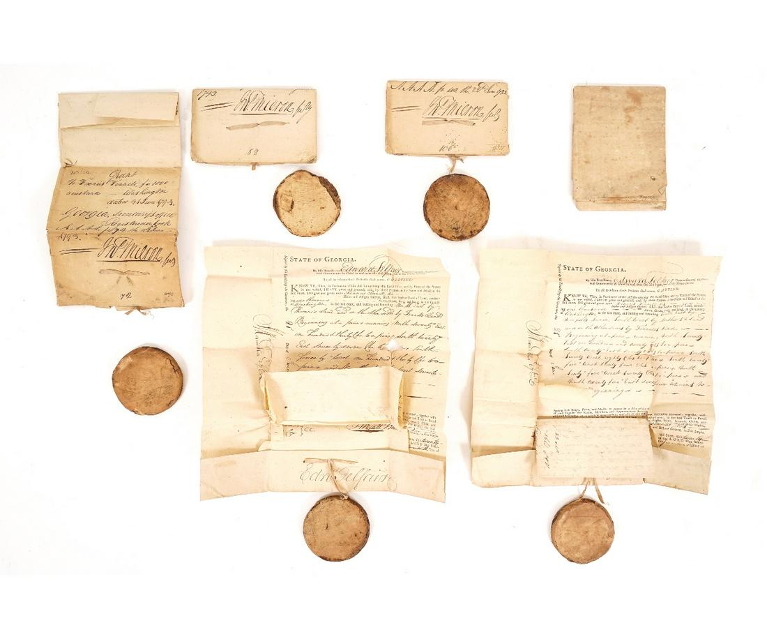 EARLY DOCUMENTS AND SEALS: Early documents and seals to include Tinicum list of property, notable names for 1850, 23" x 30"; State of Georgia Deeds dated 1791 and seals. Seals approximately: 3.5"dia