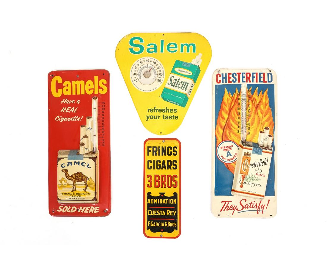 VINTAGE CAMEL CIGARETTES METAL SIGN: Vintage Camel Cigarettes advertising metal sign, 13.5"h x 5.75"w; together with a Chesterfield and Salem Cigarettes examples