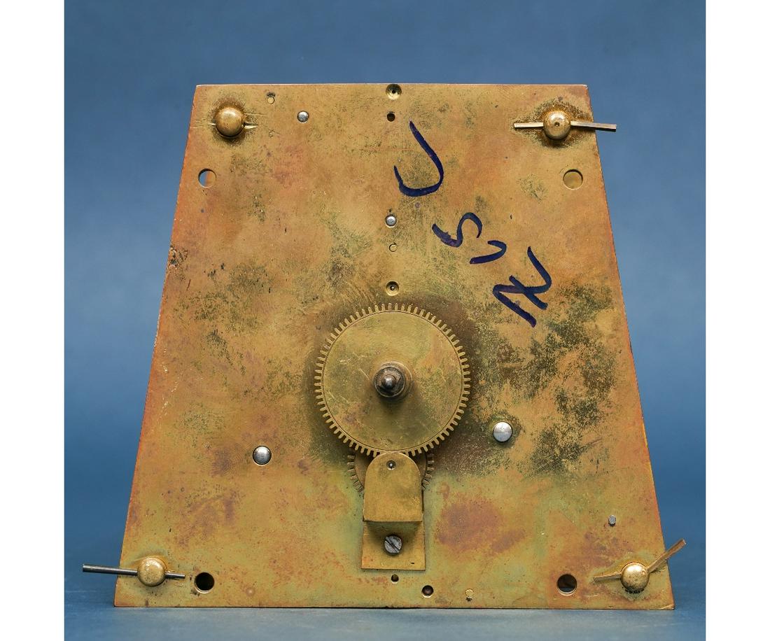 8-DAY BELL STRIKE MOVEMENT: Brass trapezoidal 8-day bell strike time only, 18th c., single fusee crown wheel movement. 5.25"h x 6"w x 4"d