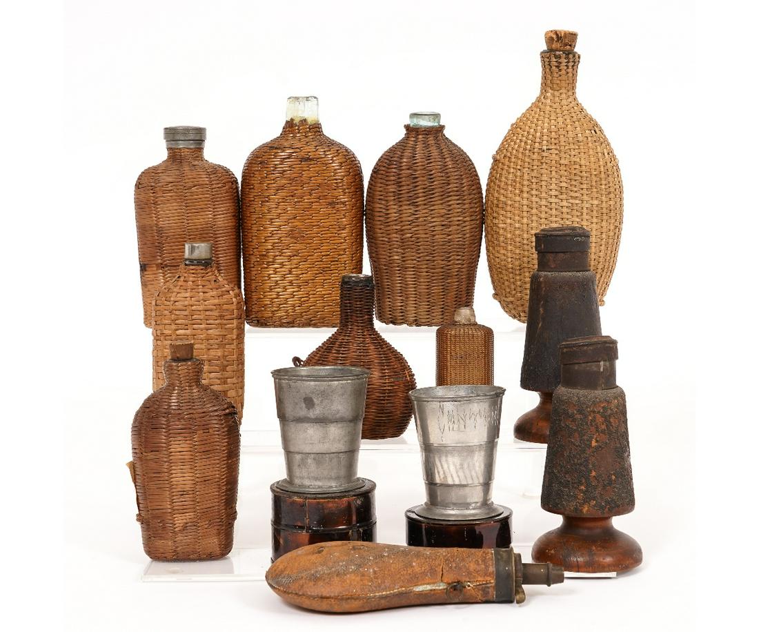 GLASS WICKER CASED FLASKS: Collection of seven glass wicker cased flasks, the tallest 8"h x 4"w, mid 19th c., some with stoppers; a leather and brass shot flask and a glass bottle; together with two C.O. Wilson marked "Match St