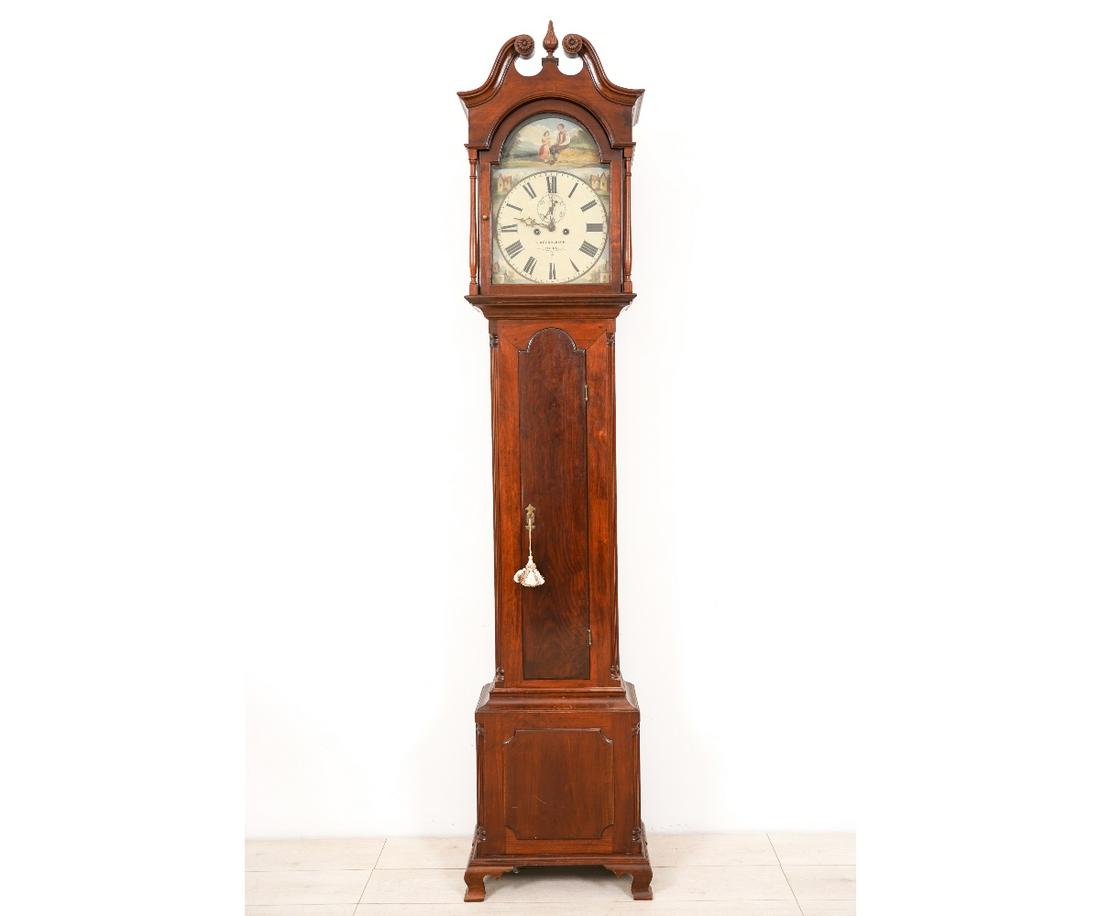 CHIPPENDALE TALL CASE CLOCK: American walnut Chippendale tall case clock with 8-day works, dial signed "T. Reynoldson, Hull". 94.5"h x 20.5"w x 11"d
