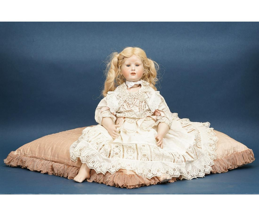 WAX OVER PORCELAIN DOLL: Wax over porcelain doll marked "Doris open mouth H. Gunzel, 15/50/90", dressed in cream colored lace, petticoats, white ribbon choker, blue eyes, blonde hair in pigtails. 29.5"h / 13.5 lbs.