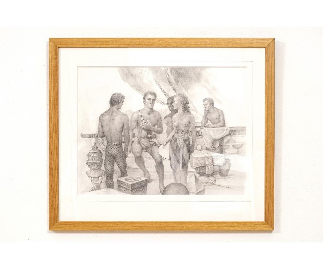 JOHN LEAR PENCIL DRAWING: John Lear (1910-2008, American) framed and matted pencil drawing of young people. Lear taught illustration at Rosemont College and other places. 13.5" x 17.5" ss / 20.25" x 23.5" oa