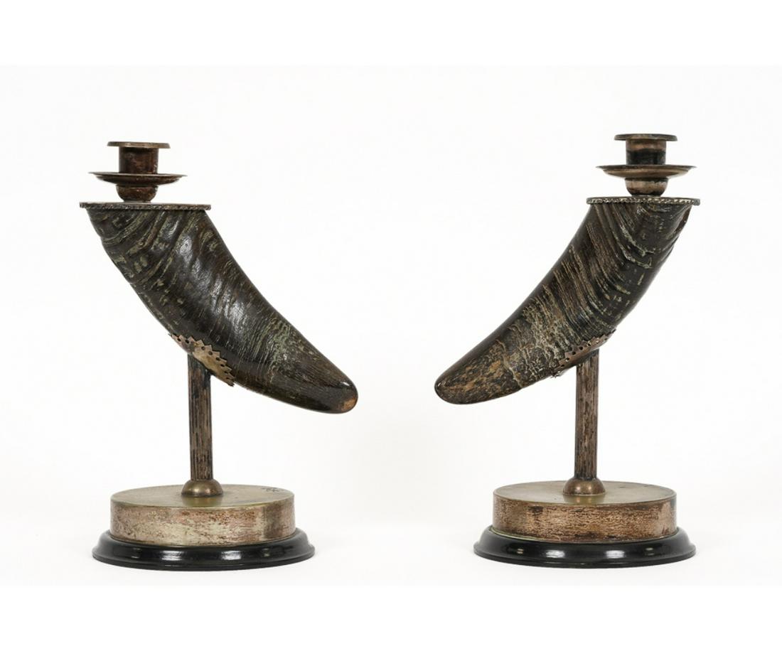 PAIR CANDLESTICKS: Pair of silverplate and horn candlesticks. 11.25"h x 7.5"w x 6.25"dia