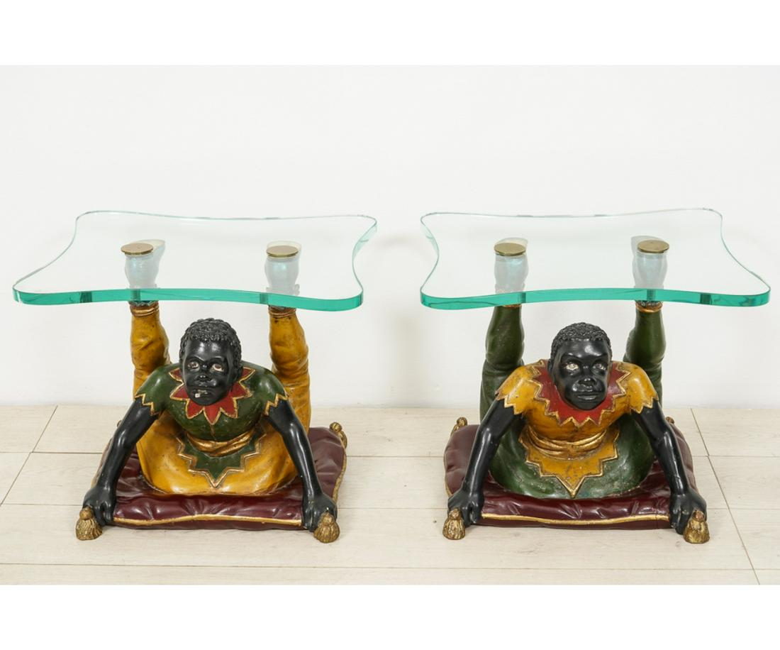 PAIR BLACKAMORE TABLES: Pair of wood painted Blackamore glass top tables, 20th c. 16.75"h x 20"w x 17.5"d