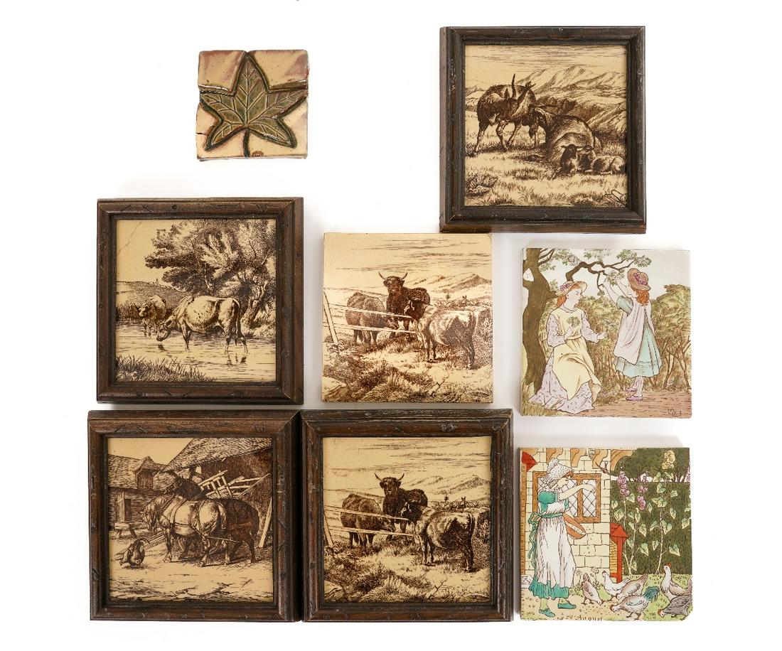 MINTON CHINA WORKS ANIMAL TILES: Five Minton China Works Stoke-on-Trent farm animal tiles; together with a Mercer tile and two others. Unframed tile: 6"h x 6"w