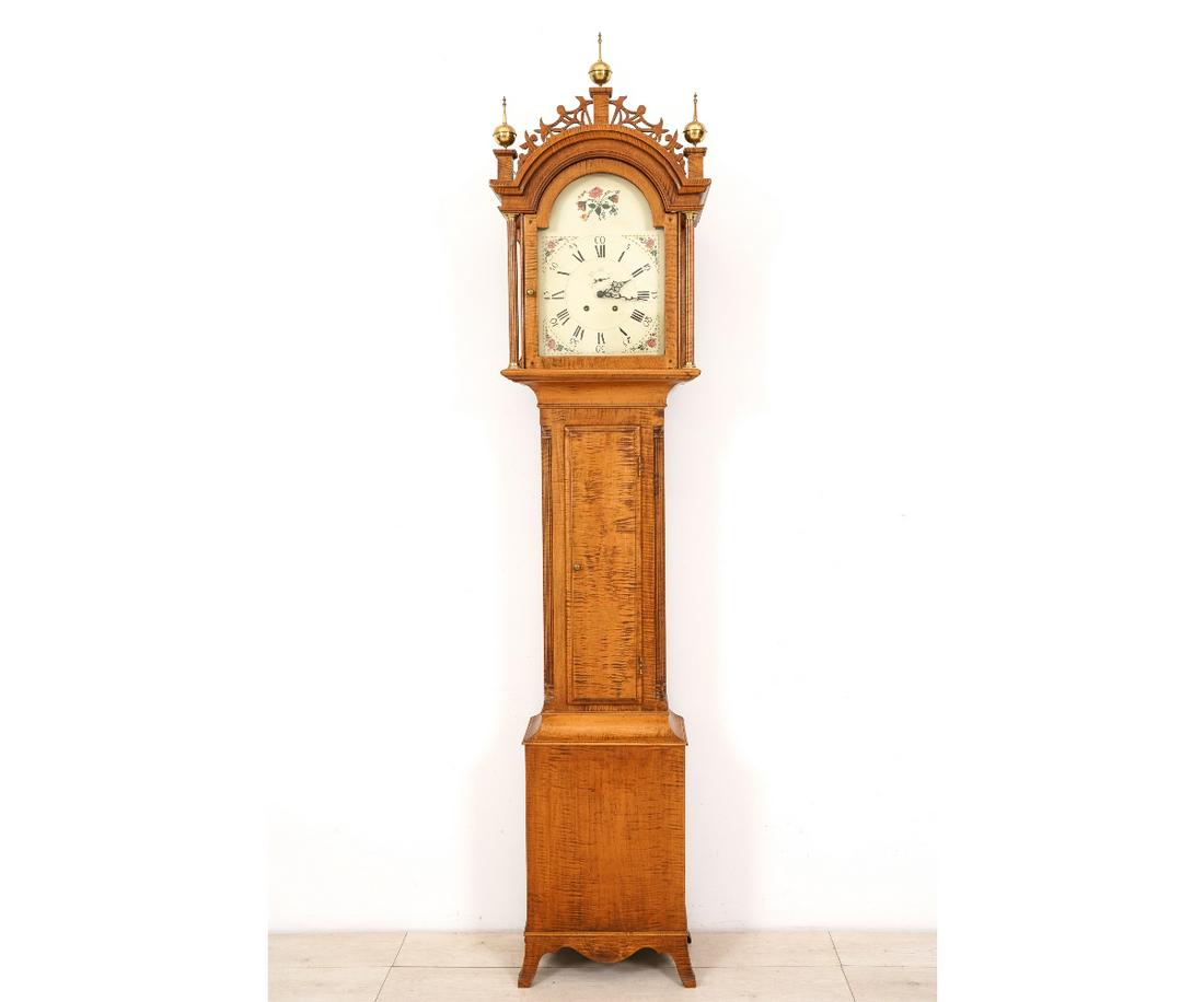 TIGER MAPLE TALL CASE CLOCK: New England style tiger maple tall case clock with 8-day works, made by Ken Hoffman, Oley, PA 1980's. 95.50"h x 21.5"w x 10.25"d