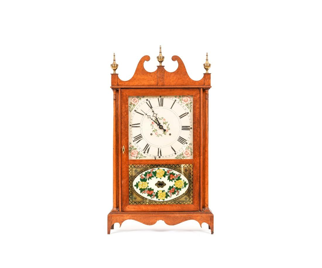 ELI TERRY STYLE MANTEL CLOCK: New England Eli Terry style birds eye maple mantel clock made by and signed "K. Hoffman 1998". 32"h x 18"w x 5.5"d