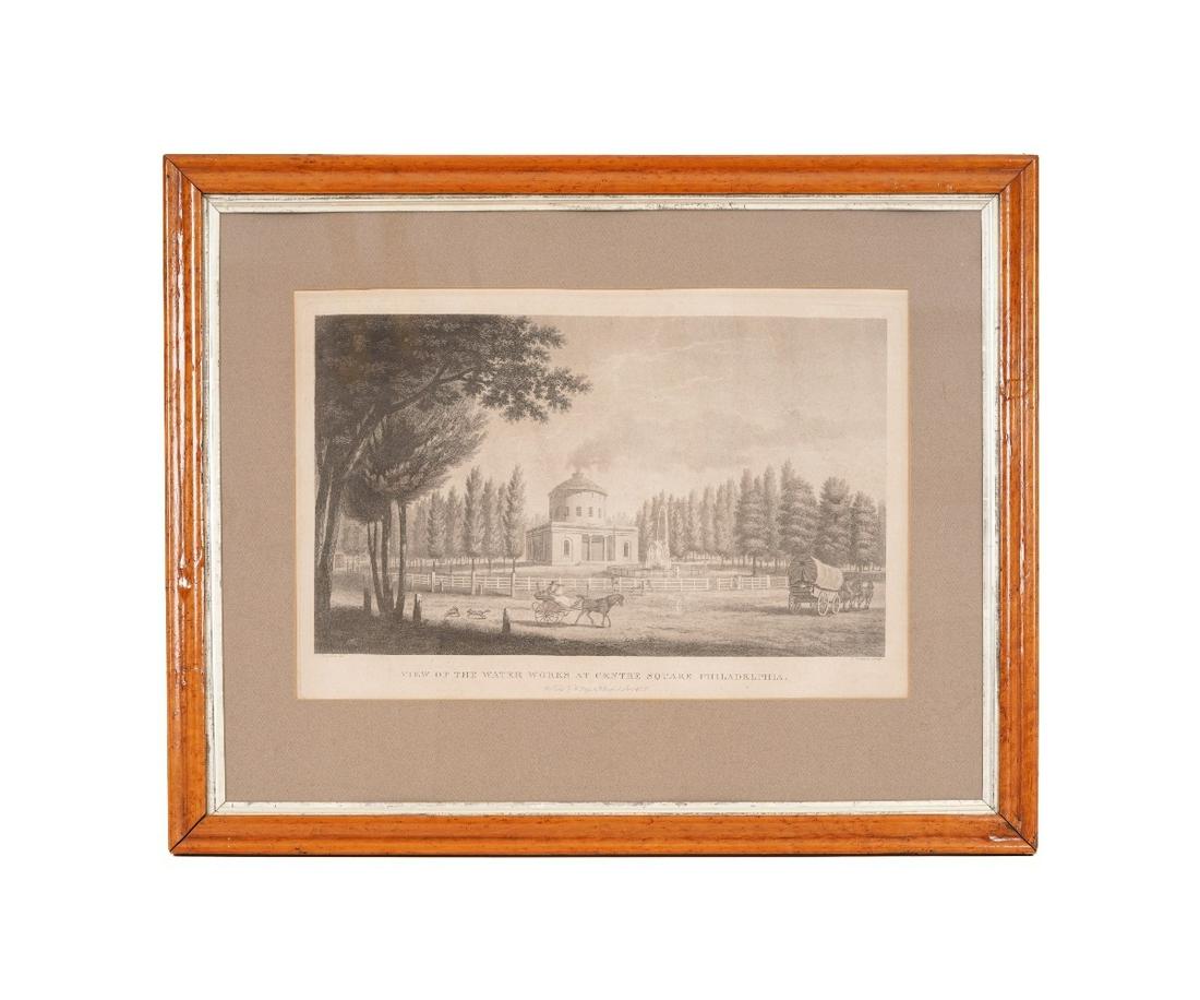 PHILADELPHIA WATER WORKS PRINT: Large print of a "View of the Water Works at Centre Square Philadelphia" by J.J. Barralet, mounted in a birds eye maple frame. 14" x 21" ss / 24.25" x 30.5" oa