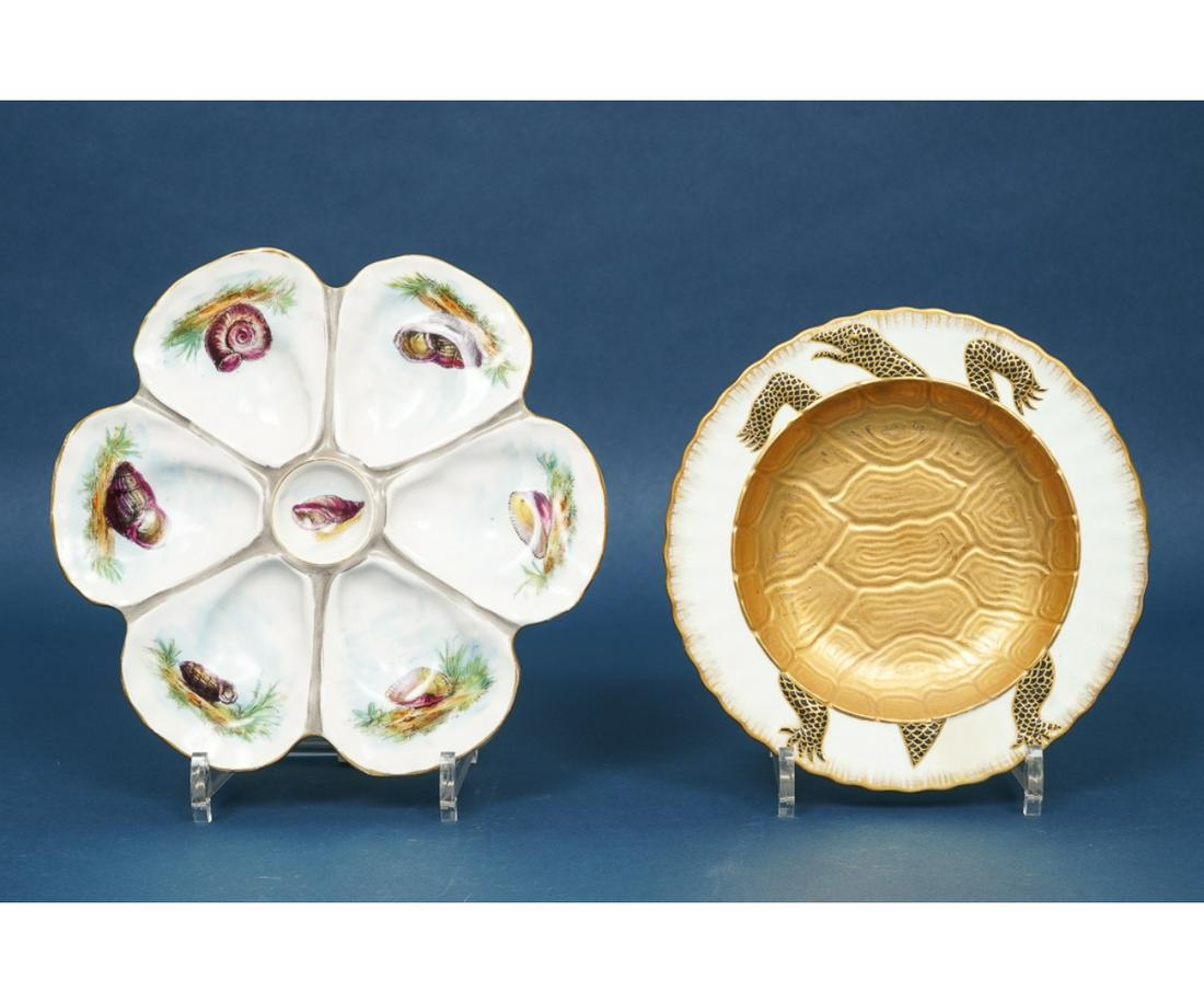 BODLEY TURTLE SOUP BOWL: Bodley turtle soup bowl; together with a colorful French oyster plate. Turtle: 8"dia