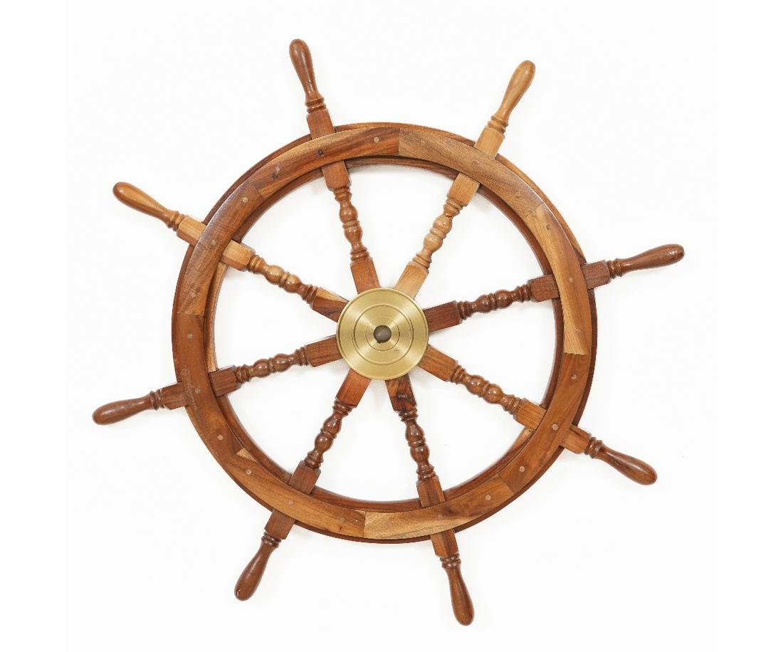 SHIPS WHEEL: Mahogany and brass ships wheel, 20th c. 37"dia x 2.25"d