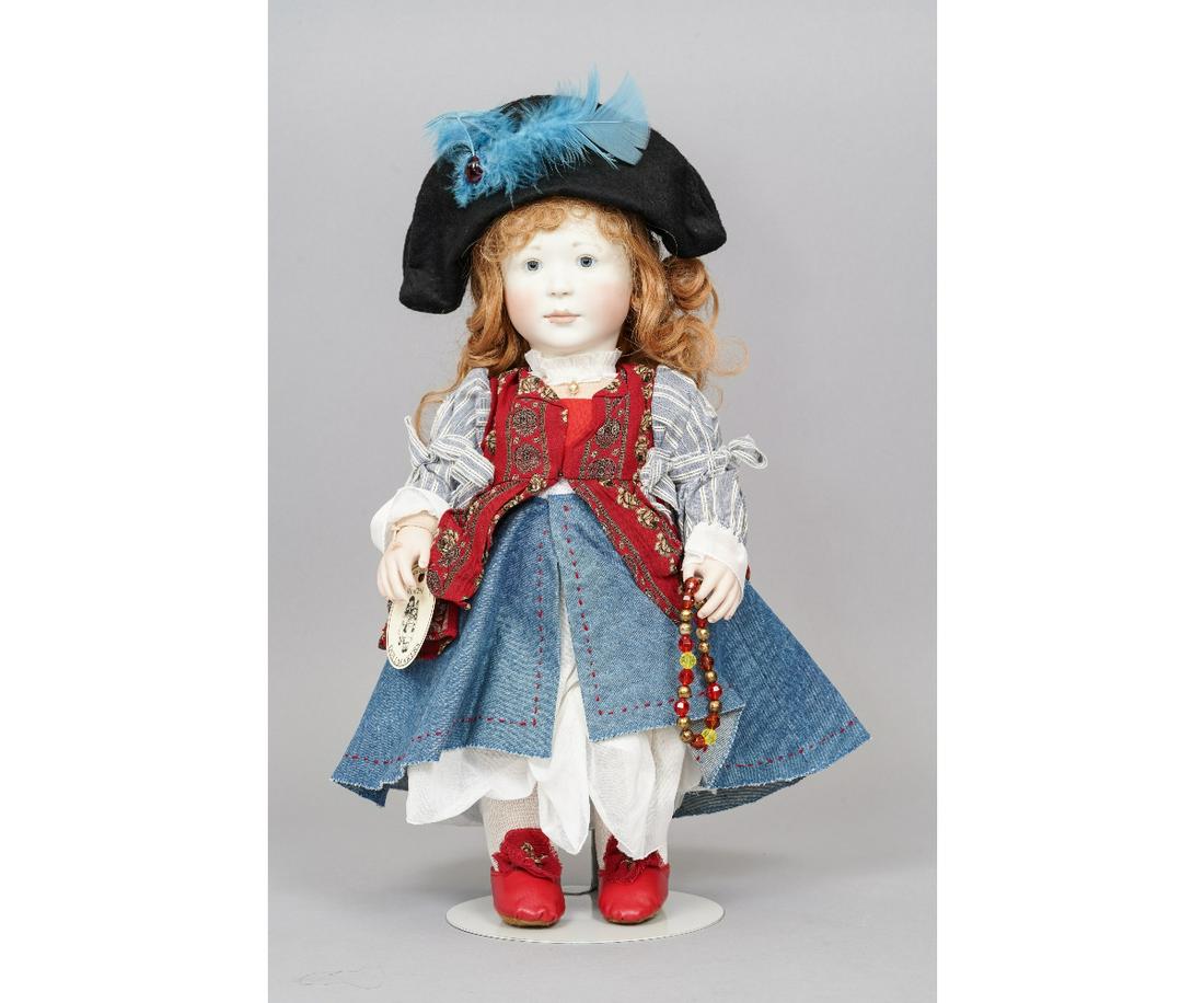 LYNNE & MICHAEL ROCHE "PIRATESS": "Chloe as Piratess" art doll by Lynne & Michael Roche, limited edition #2 of 15, dated 2002, porcelain head and hands, soft jersey body, dressed like a pirate. 16"h