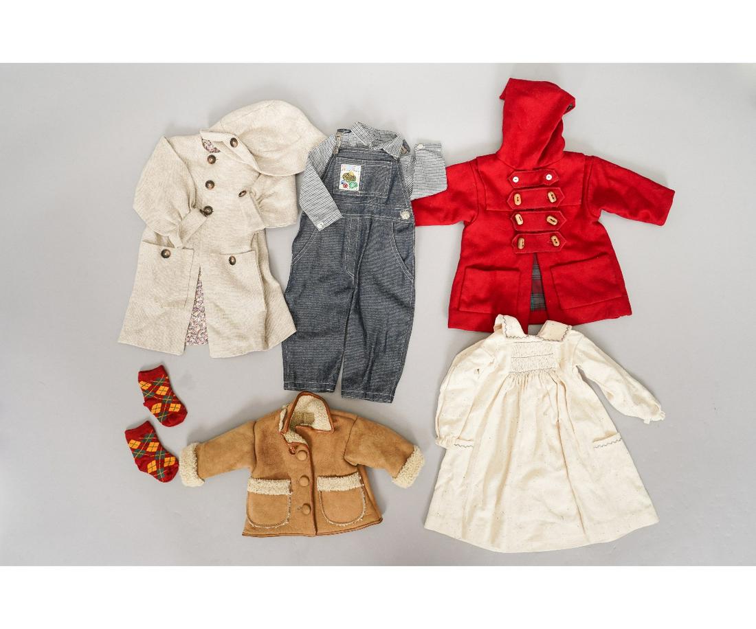 ROCHE CLOTHING ENSEMBLE FOR 20-21" DOLLS: Lynn & Michael Roche clothing for their 20"-21" dolls, as shown in their 1994 catalogue to include 1) Long linen coat and hat, 2) Girls sheepskin jacket, 3) Red duffle coat, 4) Check shirt and denim d