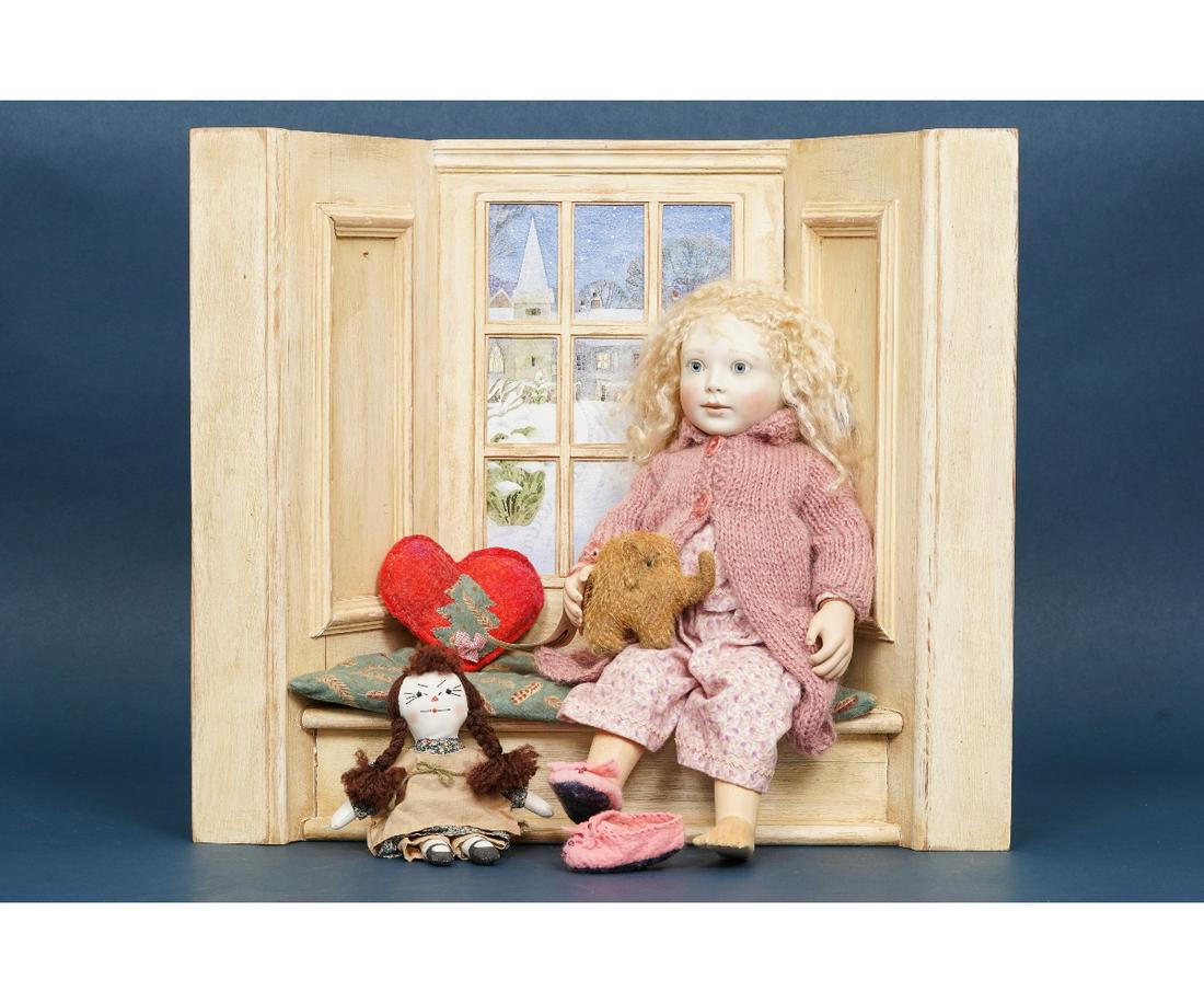 LYNNE & MICHAEL ROCHE "CHRISTMAS EVE": Special limited edition "Marigold Christmas Eve for The Toy Shoppe #3 of 11", porcelain head and hands, articulated wood body along with her window seat, cushion, toys etc. including the original Toy 