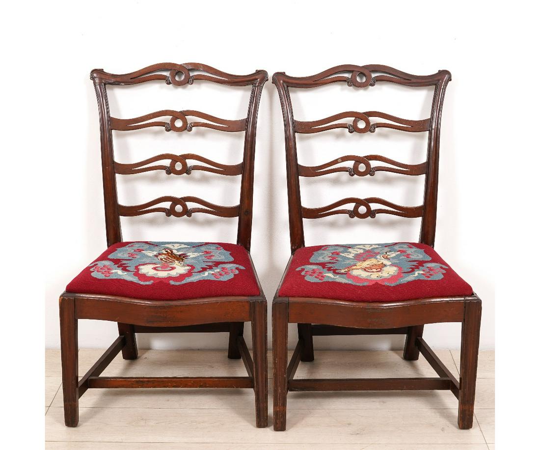 PAIR OF CHIPPENDALE SIDE CHAIRS: Pair of Chippendale ladderback side chairs with needlepoint slip seats, once belonged to Cornelius Cuyler and his wife Jane Yates of Fort Johnson, NY (near Albany), circa 1785. 36"h x 21"w x 18"d / 16