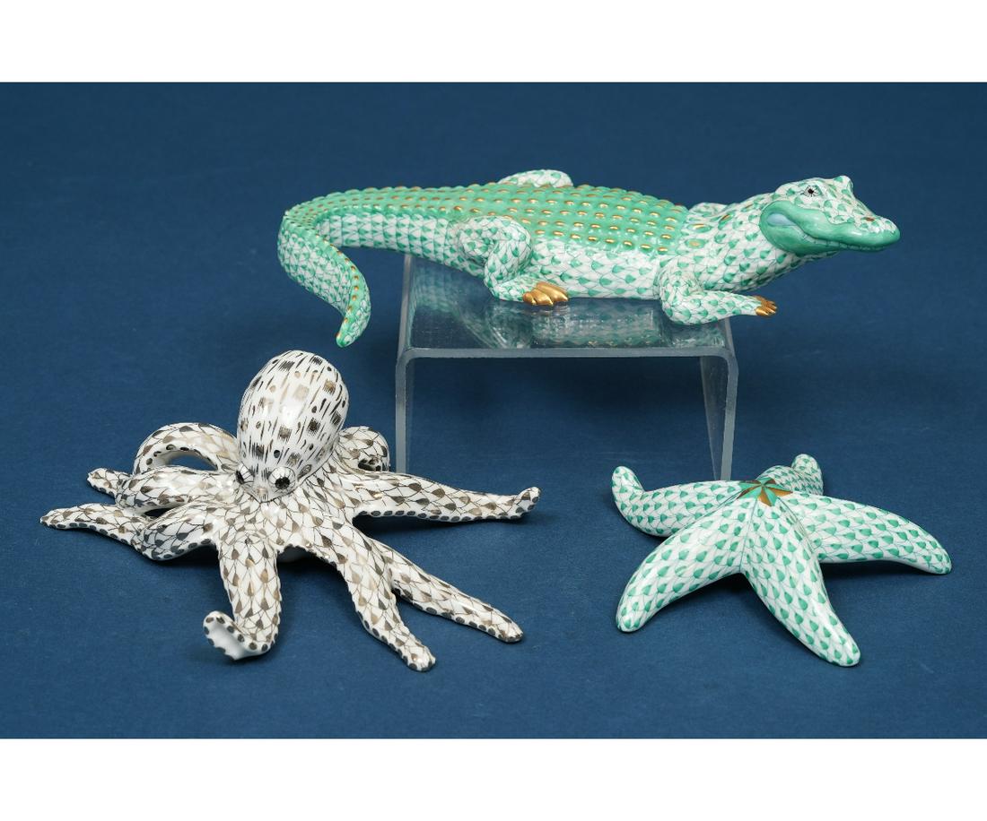 HEREND ANIMALS: Herend alligator; together with an octopus and starfish. Alligator: 1.5"h x 7.75"l x 3.5"d