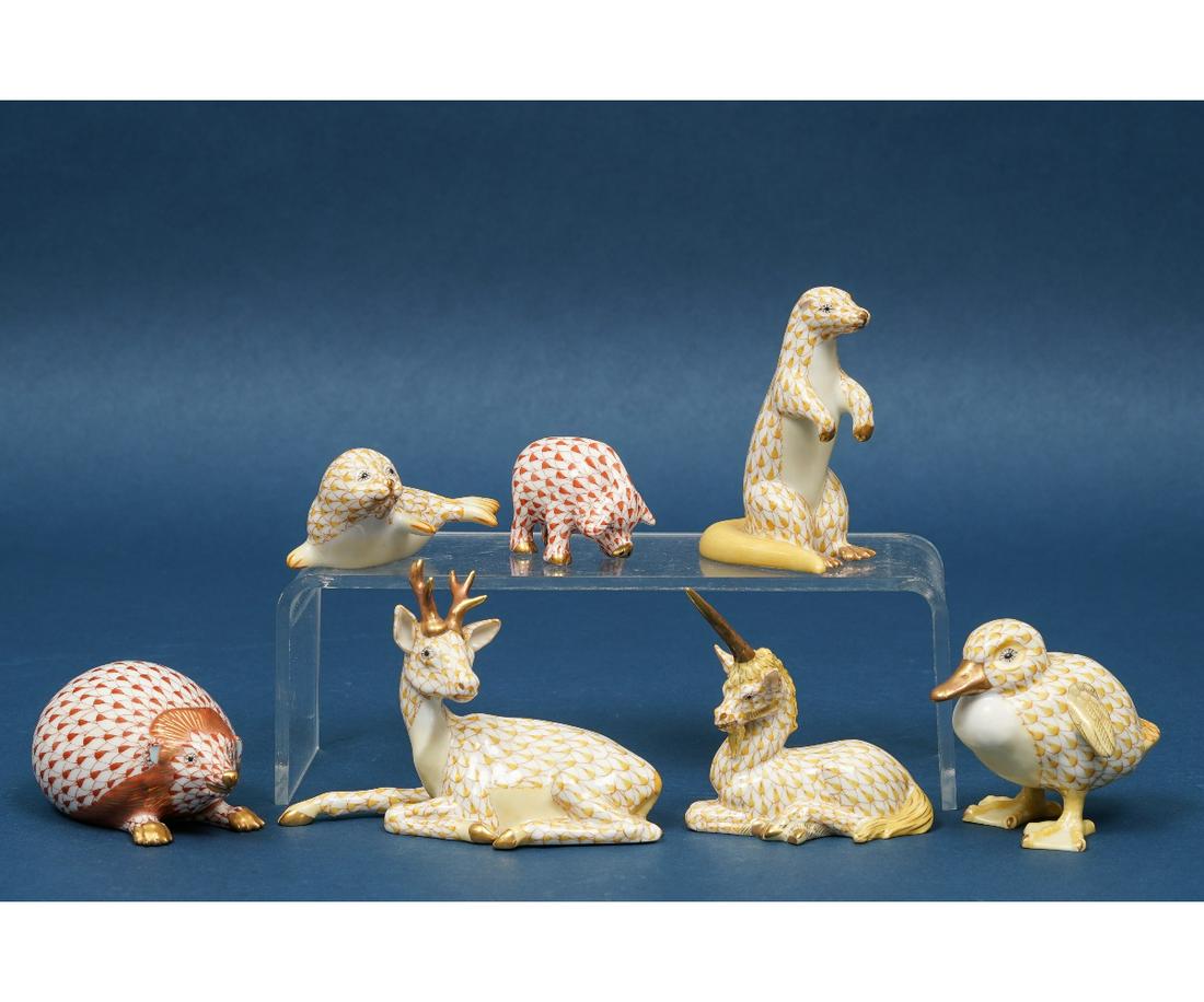HEREND UNICORN AND OTHER ANIMALS: Seven Herend porcelain figures including a unicorn, deer, hedgehog, duck, pig, otter and seal. Hedgehog: 2"h x 4"l x 2.75"