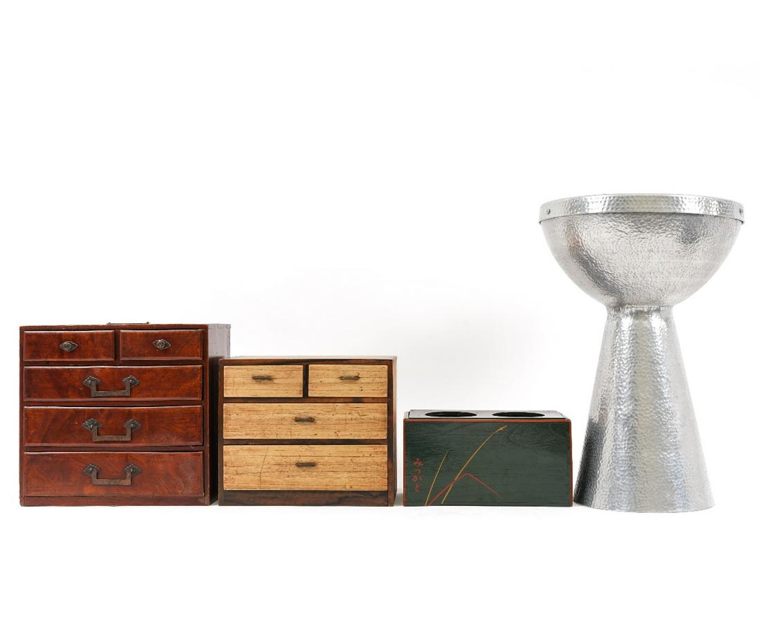 TWO KOREAN MINIATURE CHESTS etc.: Two Korean miniature chest of drawers; together with a Japanese flower pot with copper insert and an aluminum rain drum. Drum: 18.25"h x 12"dia