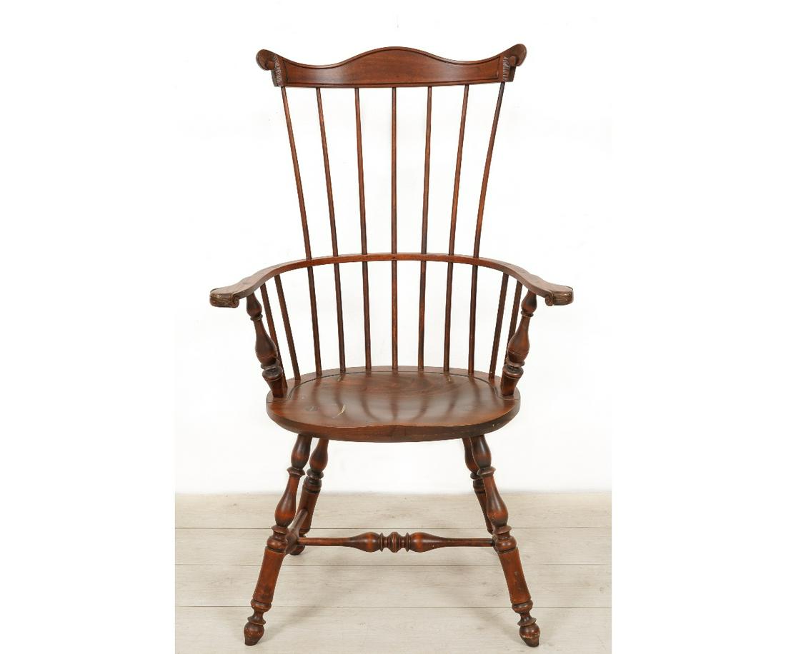 LANCASTER COUNTY STYLE ARMCHAIR: Lancaster County style fan back Windsor knuckle arm armchair made by J. L. Treharn. 45.5"h x 27"w x 16"d / 18.5" SH