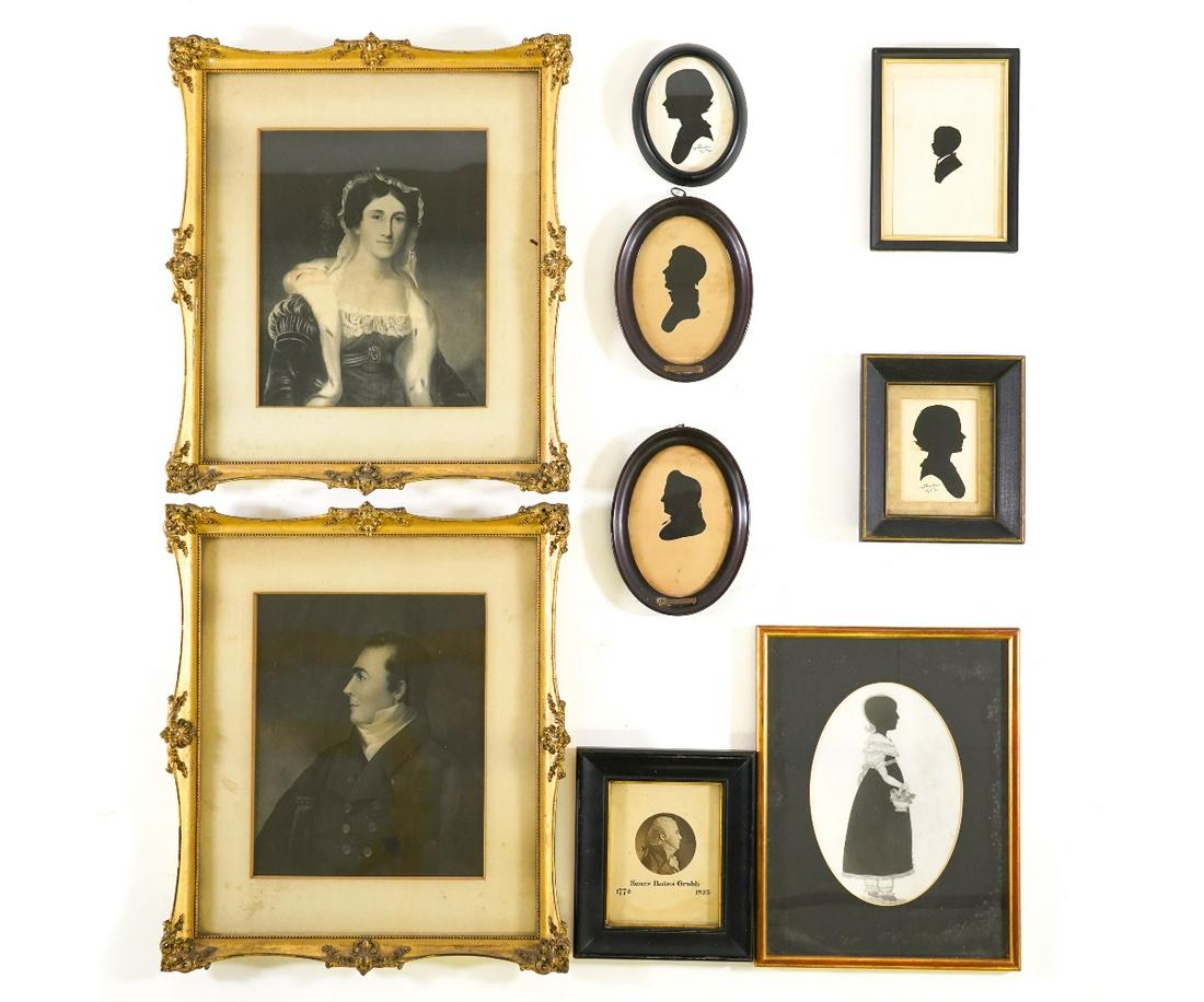 TWO THOMAS SULLY PRINTS: Two framed Thomas Sully prints, gilt framed 16" x 14"; together with a Rebecca Wetherill print and a collection of silhouettes and a St. Memin print of Henry Bates Grubb.
