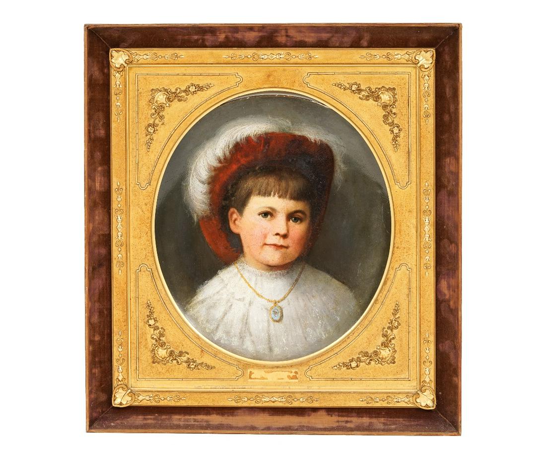 VICTORIAN OIL ON BOARD PORTRAIT: Spang, Victorian oil on composition portrait of a girl with feathered hat, signed below frame "Spang", probably Frederick A. Spang (1834-1891, PA/CA). 16" x 13.5" ss / 23" x 21.5" oa