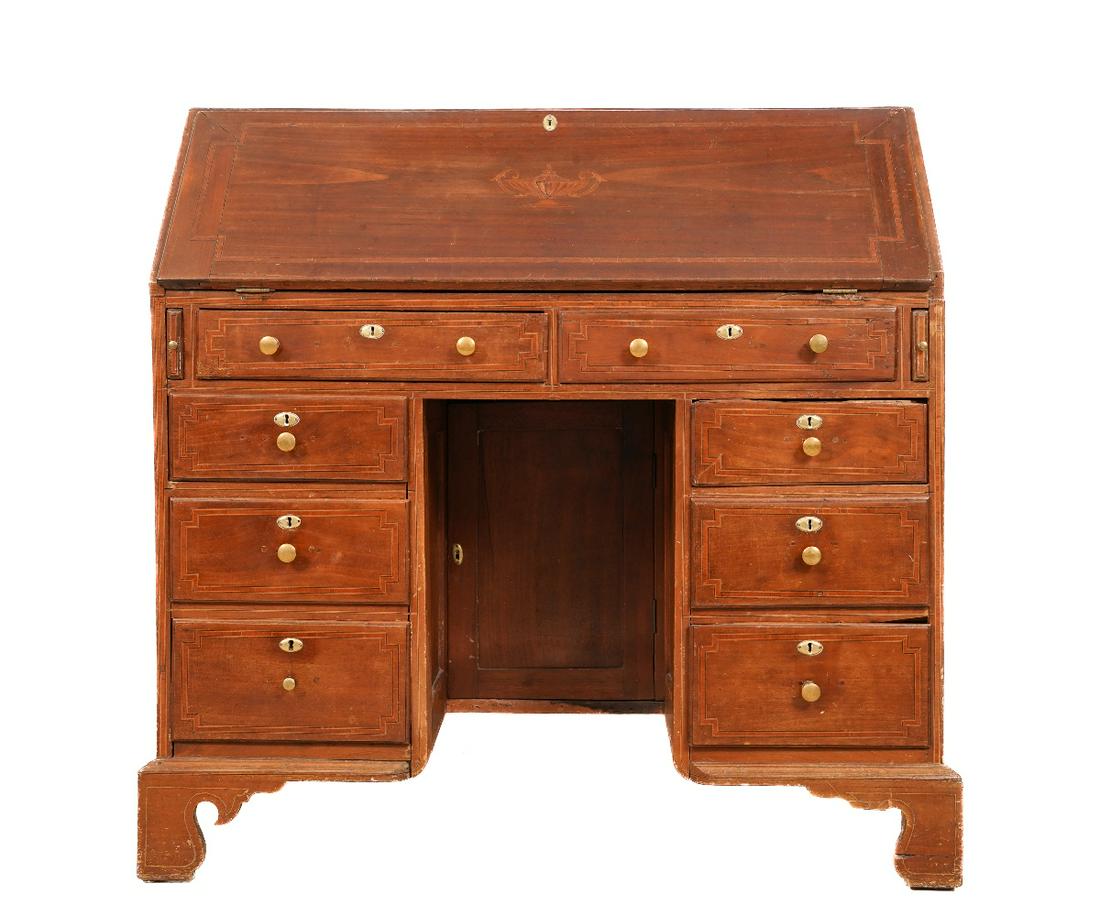 CHIPPENDALE STYLE DESK: Chippendale style inlaid mahogany slant lid desk. 42.25"h x 41.75"w x 21"d