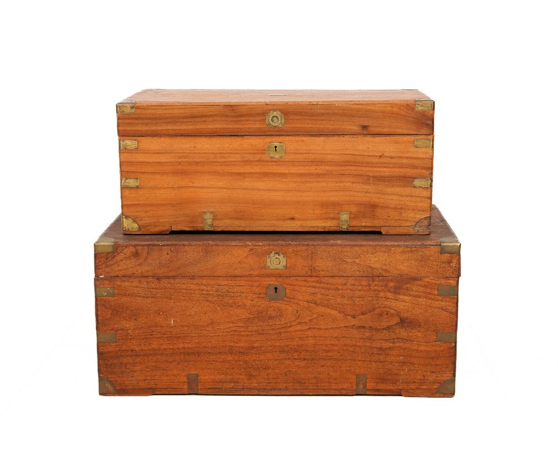 TWO CAMPHOR STORAGE CHESTS: Two camphor storage chests each with brass fittings, circa 1840. Largest: 15.5"h x 34.5"w x 17.75"d