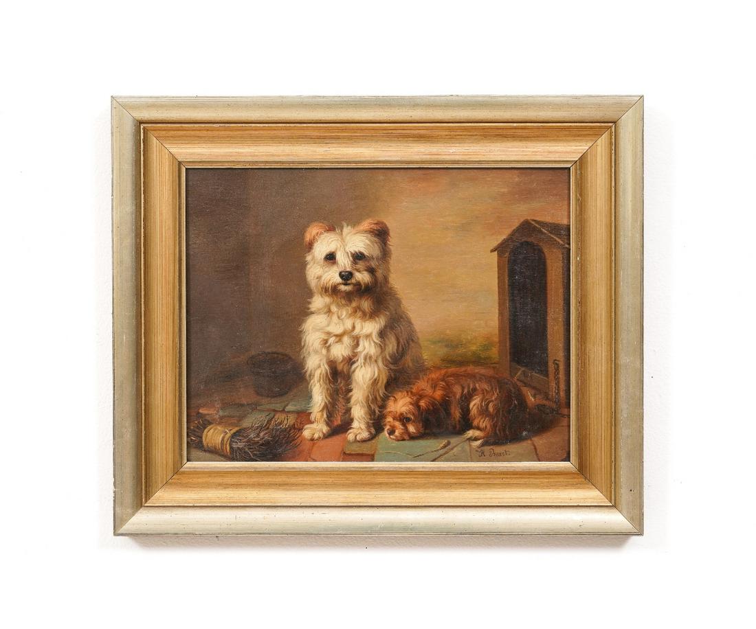 HENRI BAERT OIL ON PANEL: Henri Baert (19th c., Belgium) oil on panel of terriers and a dog house with Newman Galleries label. 10" x 13" ss / 15" x 18" oa