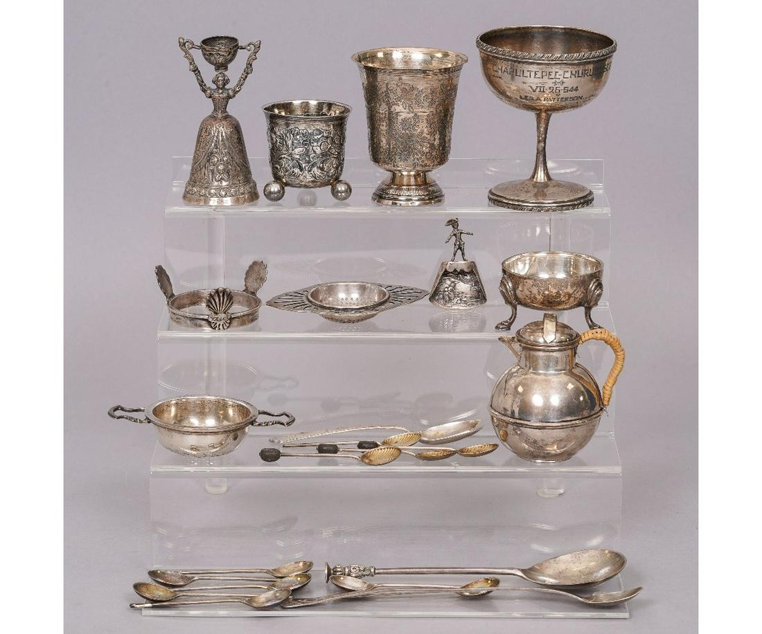 STERLING SILVER GROUPING: Sterling silver to include a Mexican silver presentation cup by Maciel, 4.25"h, and two strainers; together with English enameled spoons, a German silver marriage cup, etc.