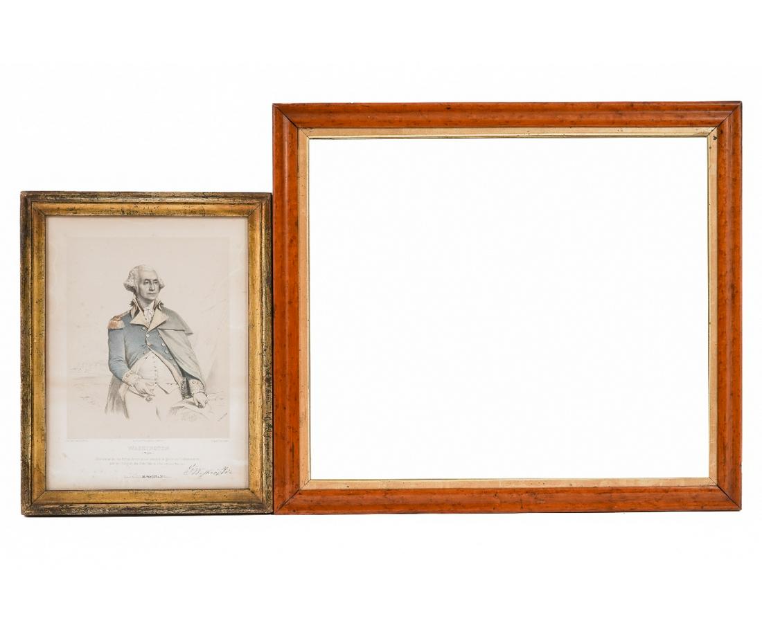 BIRDSEYE MAPLE MIRROR: Large birdseye maple framed mirror, 27"h x 23.5"l; together with a French lithograph of Washington by Adolphe, 18.25" x 14.25" oa, with minor foxing.