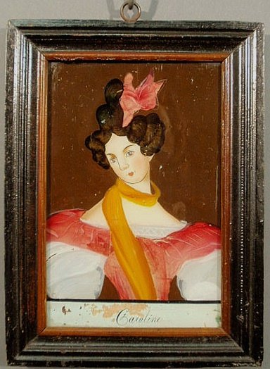 Continental reverse painted on glass portrait of: Continental reverse painted on glass portrait of a young woman titled “Caroline”, early 19th c. 7”x4.5”