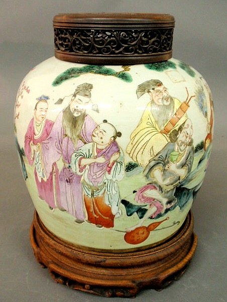 Large Chinese porcelain ginger jar, early 19th c.: Large Chinese porcelain ginger jar, early 19th c., decorated with colorful figures. 13.5”h., base 9.5”dia.