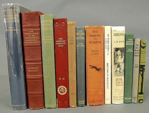 Twelve foxhunting books, various authors and work: Twelve foxhunting books, various authors and works from 1914 to 1979, to include: Supplement to the Foxhound Kennel Book by Earl Bathurst, London 1928 inscribed and with letters.
