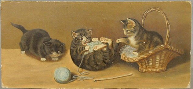 Oil on board painting of three kittens, c.1900, p: Oil on board painting of three kittens, c.1900, playing with a knitting basket and a ball of blue yarn. 8.25”x18”