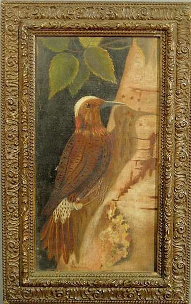 Oil on canvas painting of a hen woodpecker on a b: Oil on canvas painting of a hen woodpecker on a birch tree, late 19th c. 14.5”x7.5”
