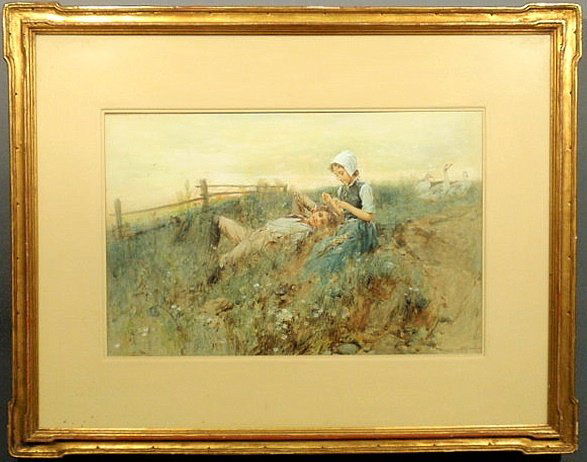 Moran, Leon [American/New Jersey and Pennsylvania: Moran, Leon [American/New Jersey and Pennsylvania, 1864-1941] ornately framed and matted fine watercolor of children in a field of wildflowers with geese in the background, signed l.r. “Leon Moran �