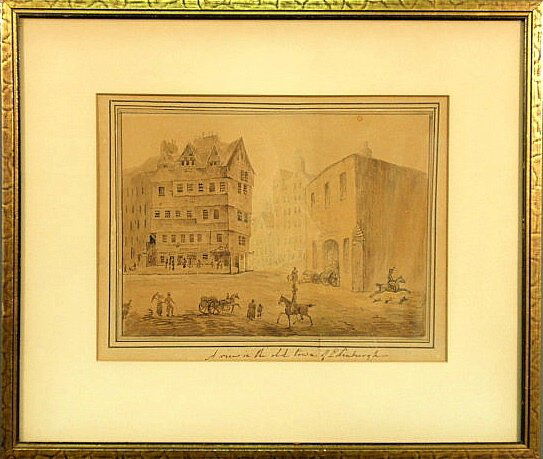 Pen and ink drawing “A View in the Old Town of Ed: Pen and ink drawing “A View in the Old Town of Edinburgh”, framed and matted, 7.75”x10”