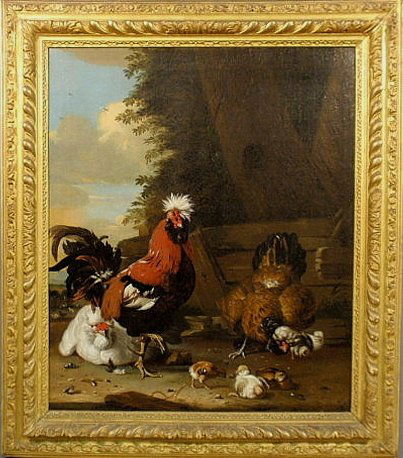 Colorful oil on canvas painting of a rooster with: Colorful oil on canvas painting of a rooster with hens and chicks, unsigned, in the manner of Cornelia de Ryck, Dutch 1657. Provenance: John Bennett Fine Paintings, London. 29”x24.25”