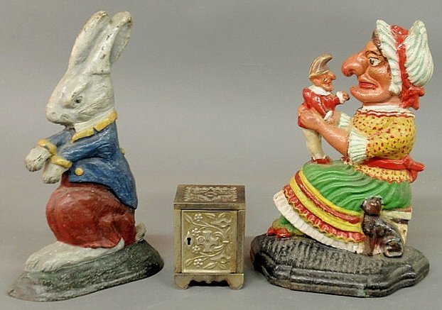 Two door stops, Punch & Judy and a rabbit 12”x8”: Two door stops, Punch & Judy and a rabbit 12”x8” each and a still bank by the Stevens Co., Cromwell Conn. 4”x3”x2.75”