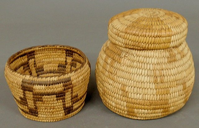 Old Pima woven bowl with geometric patterns 4”h.x: Old Pima woven bowl with geometric patterns 4”h.x6.5”dia. and a Papago basket with lid and figural design 7”h.x7”dia.