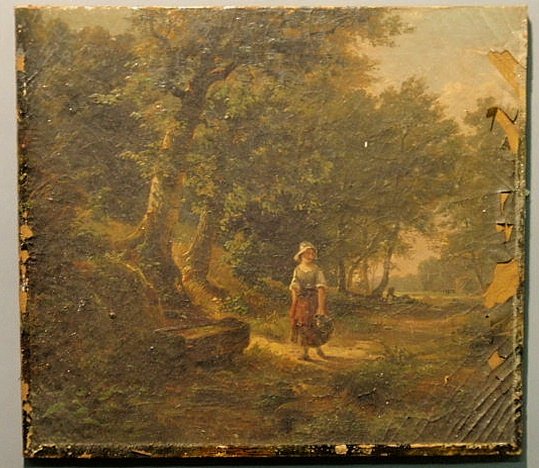Oil on canvas landscape painting of a girl walkin: Oil on canvas landscape painting of a girl walking down a wooded path to get water from a trough, 19th c., unsigned and unframed. As found. 17.5”x19.5”