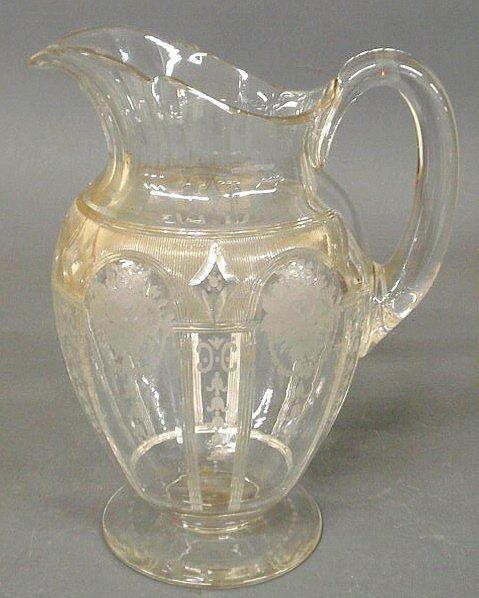 Large intaglio cut glass water pitcher with diamo: Large intaglio cut glass water pitcher with diamond and floral decoration, early 20th c. 10.75”h.