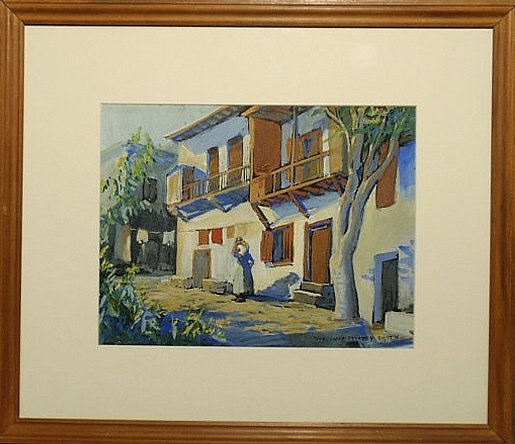 Smith, Virginia Jeffrey [American, 20th century]: Smith, Virginia Jeffrey [American, 20th century] watercolor painting of a woman carrying a basket on her head and walking up a village street, possible a Caribbean village, signed l.r. “Virginia Jef