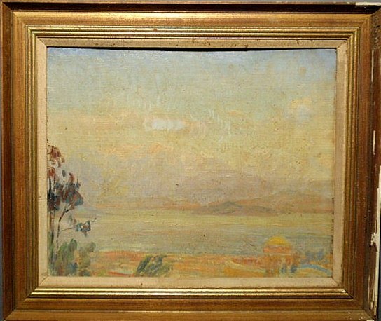 Oil on board mountain landscape painting in paste: Oil on board mountain landscape painting in pastel colors, unsigned. 15.5”x19.5”