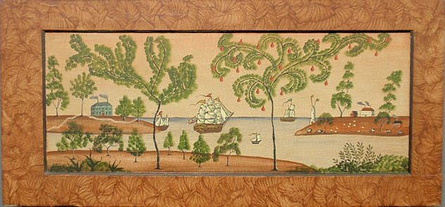 Oil on board folk art painting of sailing ships,: Oil on board folk art painting of sailing ships, unsigned, most likely B. Grilli, Lancaster Co., PA artist, and mounted in an Pint decorated frame. 14”x36.5”