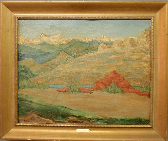 Oil on artist board landscape painting titled “Th: Oil on artist board landscape painting titled “The Red Hills” signed verso “Georgia O’Keefe” (in the manner of). 15.5”x19.5”