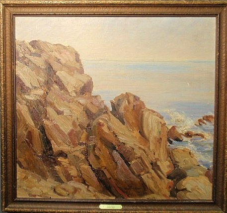 Oil on canvas painting titled “Maine Rocks”, sign: Oil on canvas painting titled “Maine Rocks”, signed lower center “Robert Henri” (in the manner of). 23.5”x25.5”